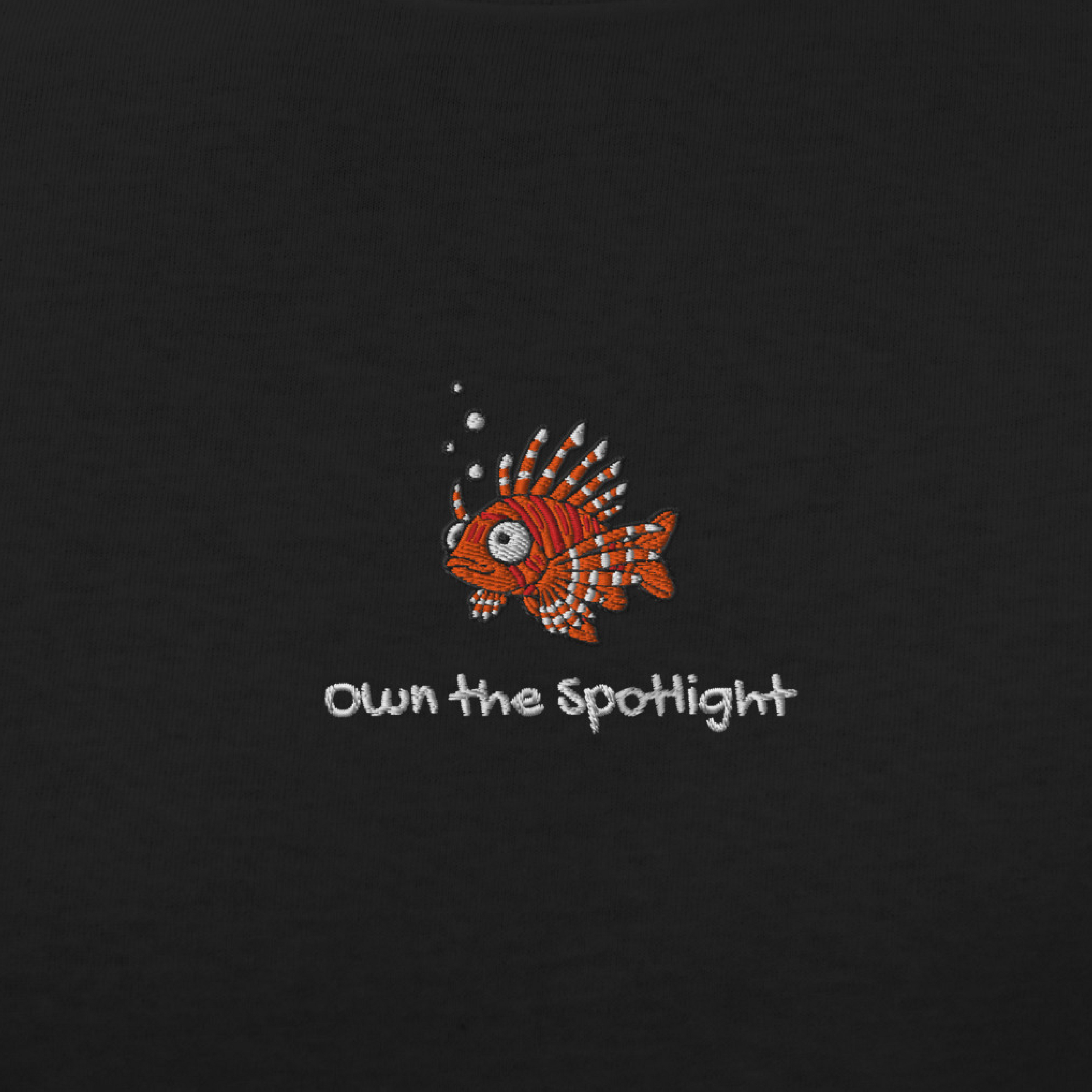 Seayou unisex classic black t-shirt design view, organic cotton, ocean-themed design, lionfish