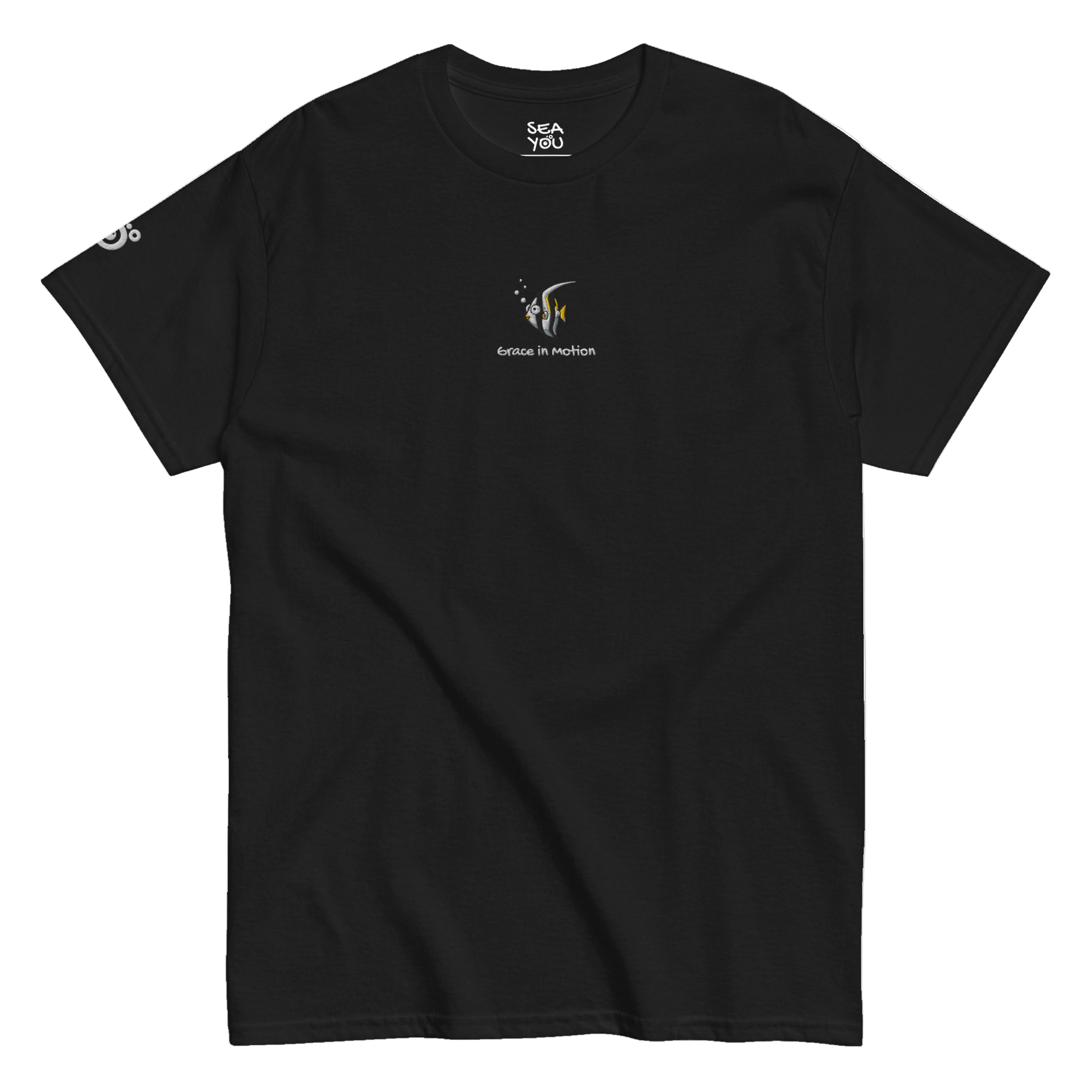 Seayou unisex classic black t-shirt front view, organic cotton, ocean-themed design, butterflyfish