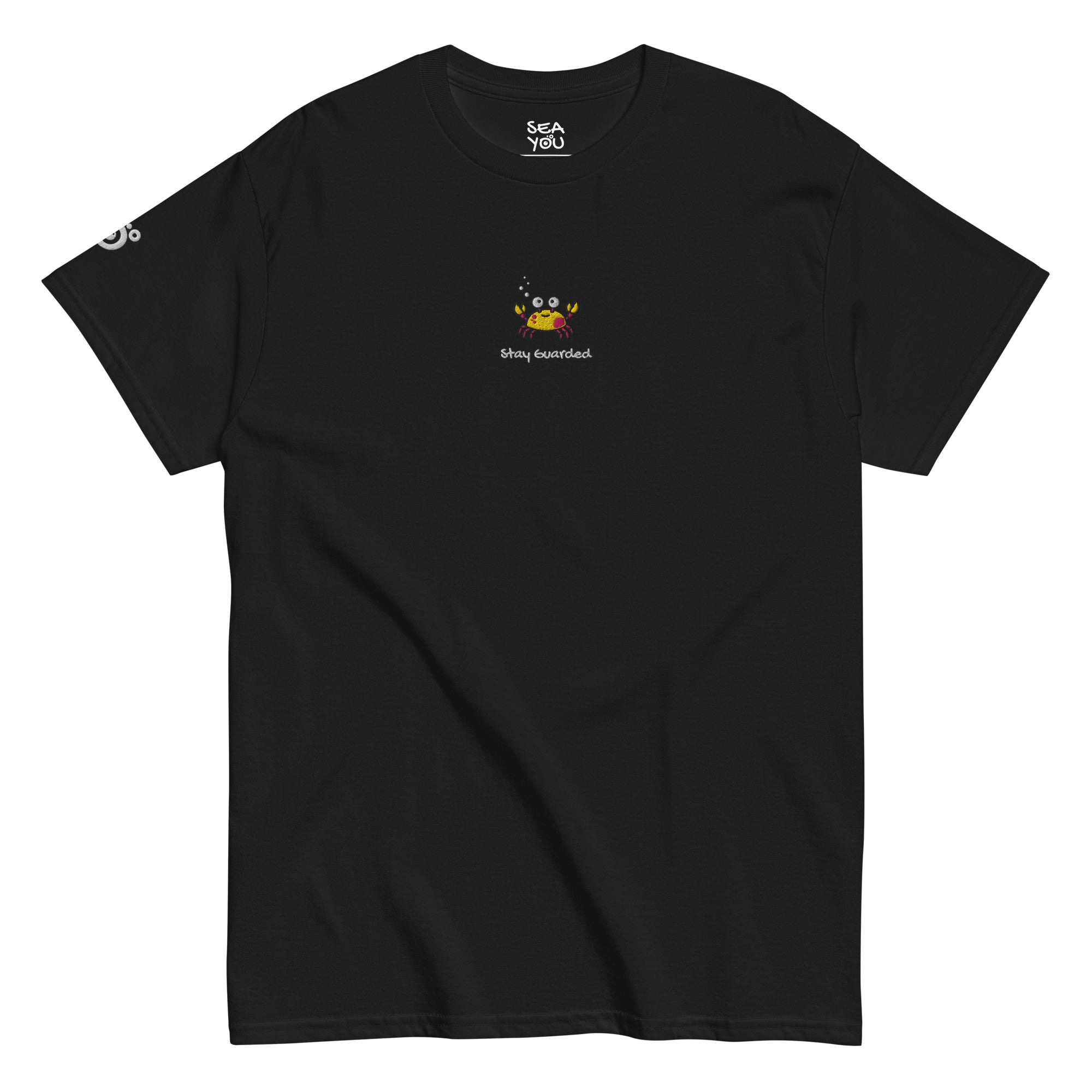 Seayou unisex classic black t-shirt front view, organic cotton, ocean-themed design, crab