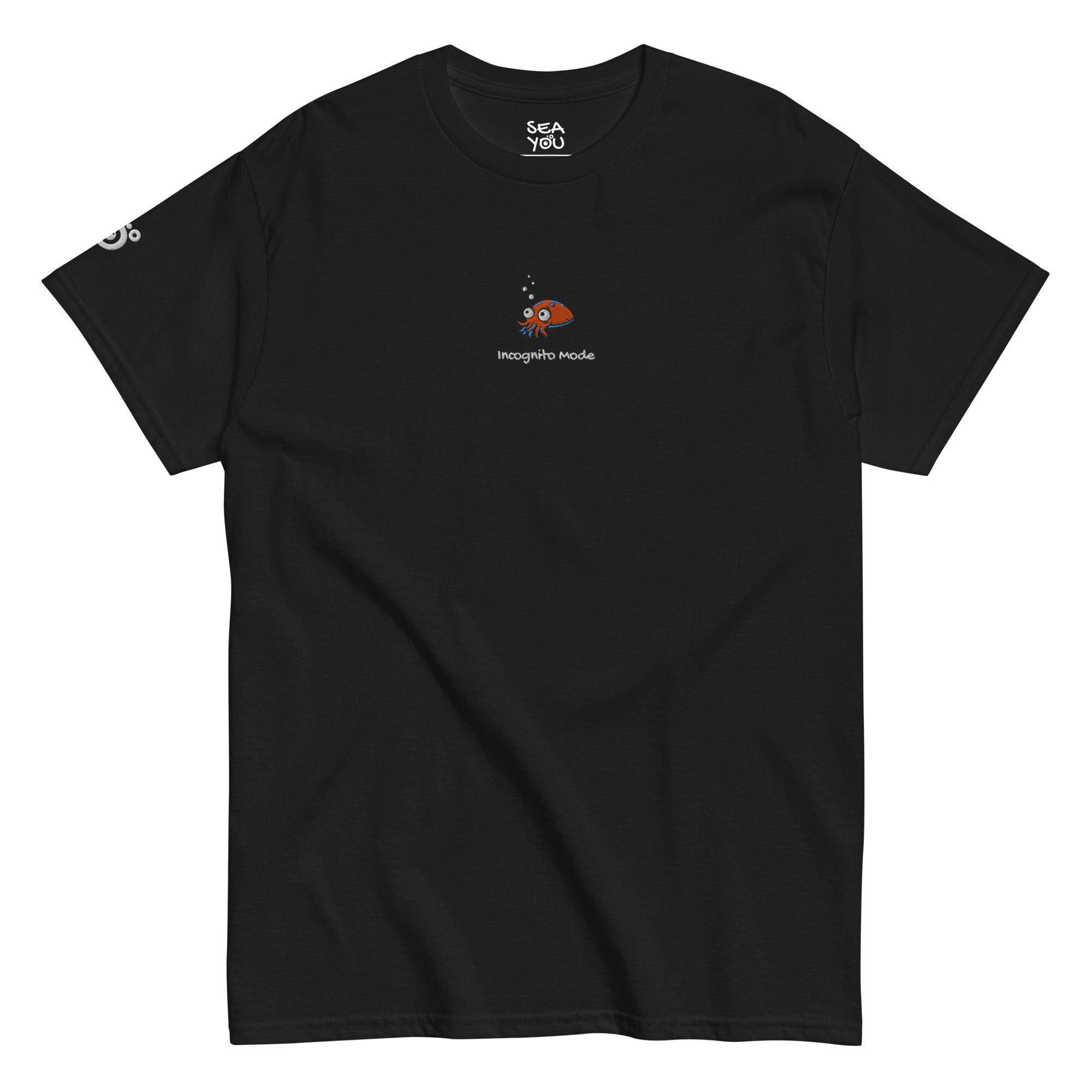 Seayou unisex classic black t-shirt front view, organic cotton, ocean-themed design, cuttlefish