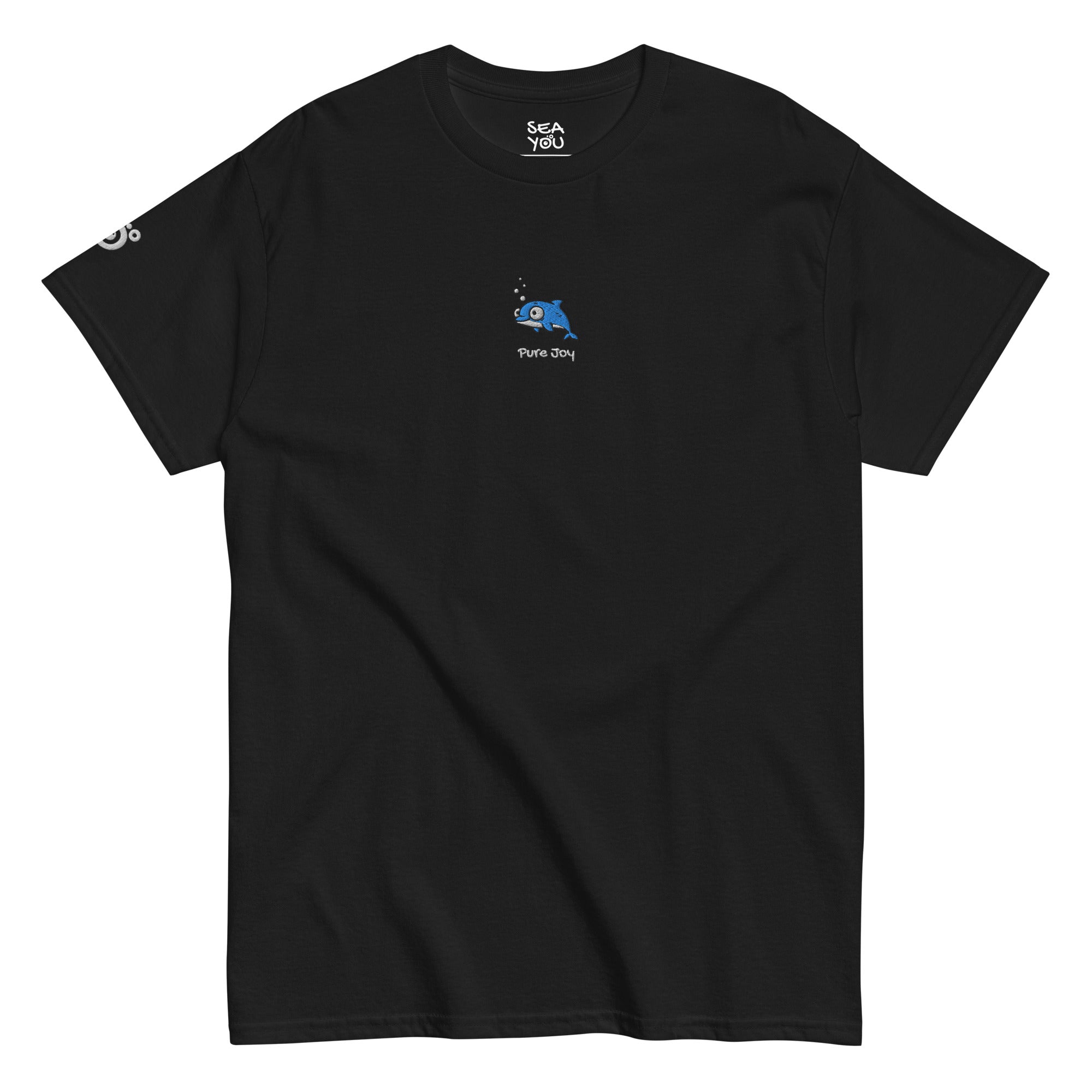 Seayou unisex classic black t-shirt front view, organic cotton, ocean-themed design, dolphin