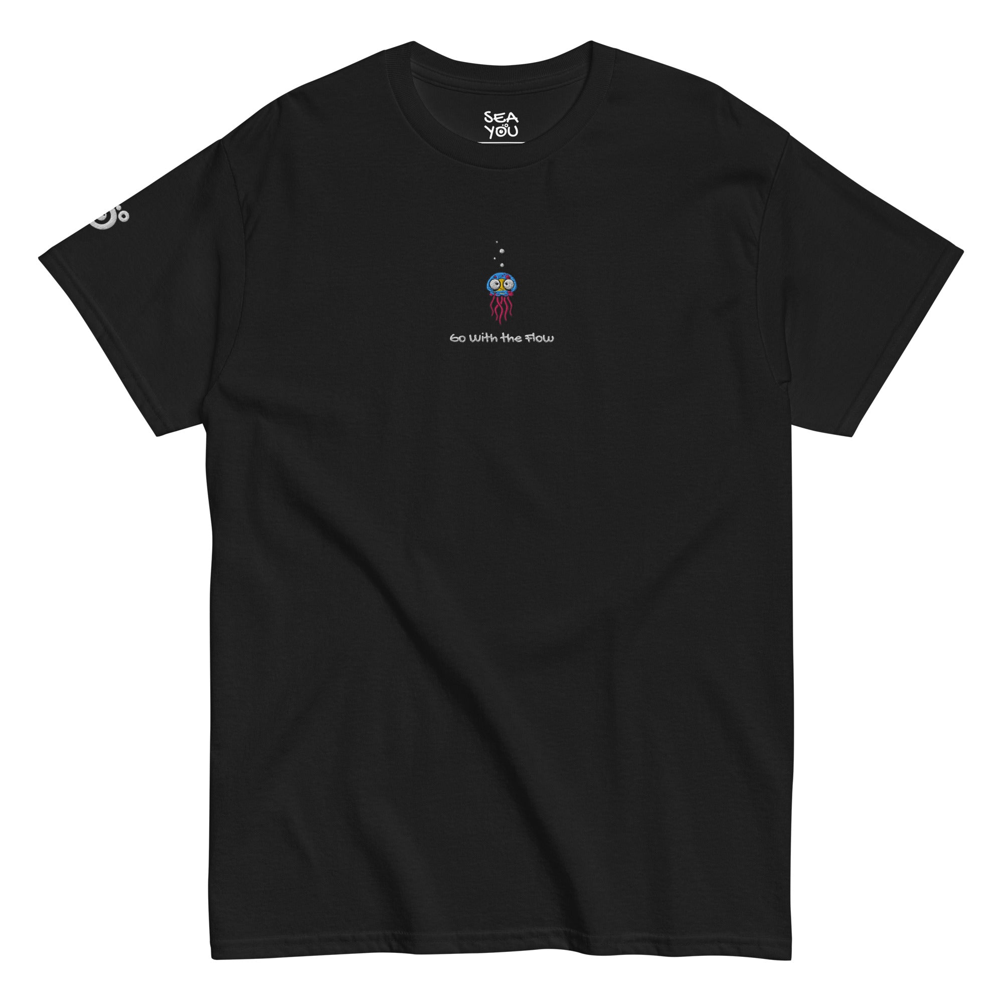 Seayou unisex classic black t-shirt front view, organic cotton, ocean-themed design, jellyfish