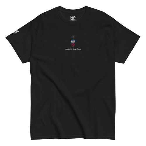 Seayou unisex classic black t-shirt front view, organic cotton, ocean-themed design, jellyfish