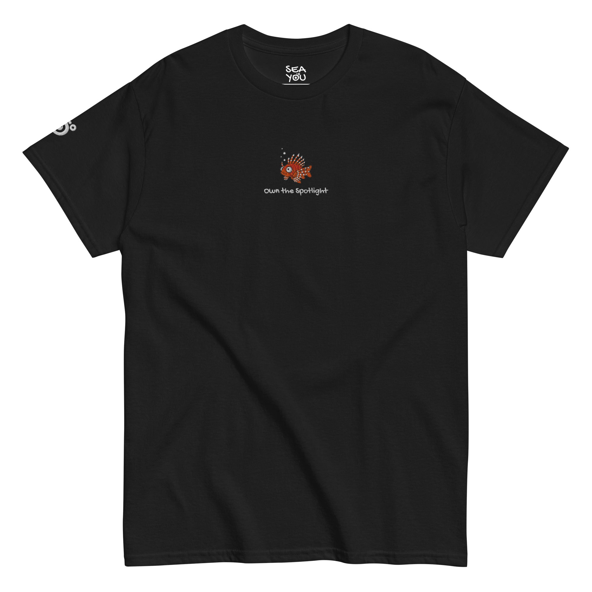 Seayou unisex classic black t-shirt front view, organic cotton, ocean-themed design, lionfish