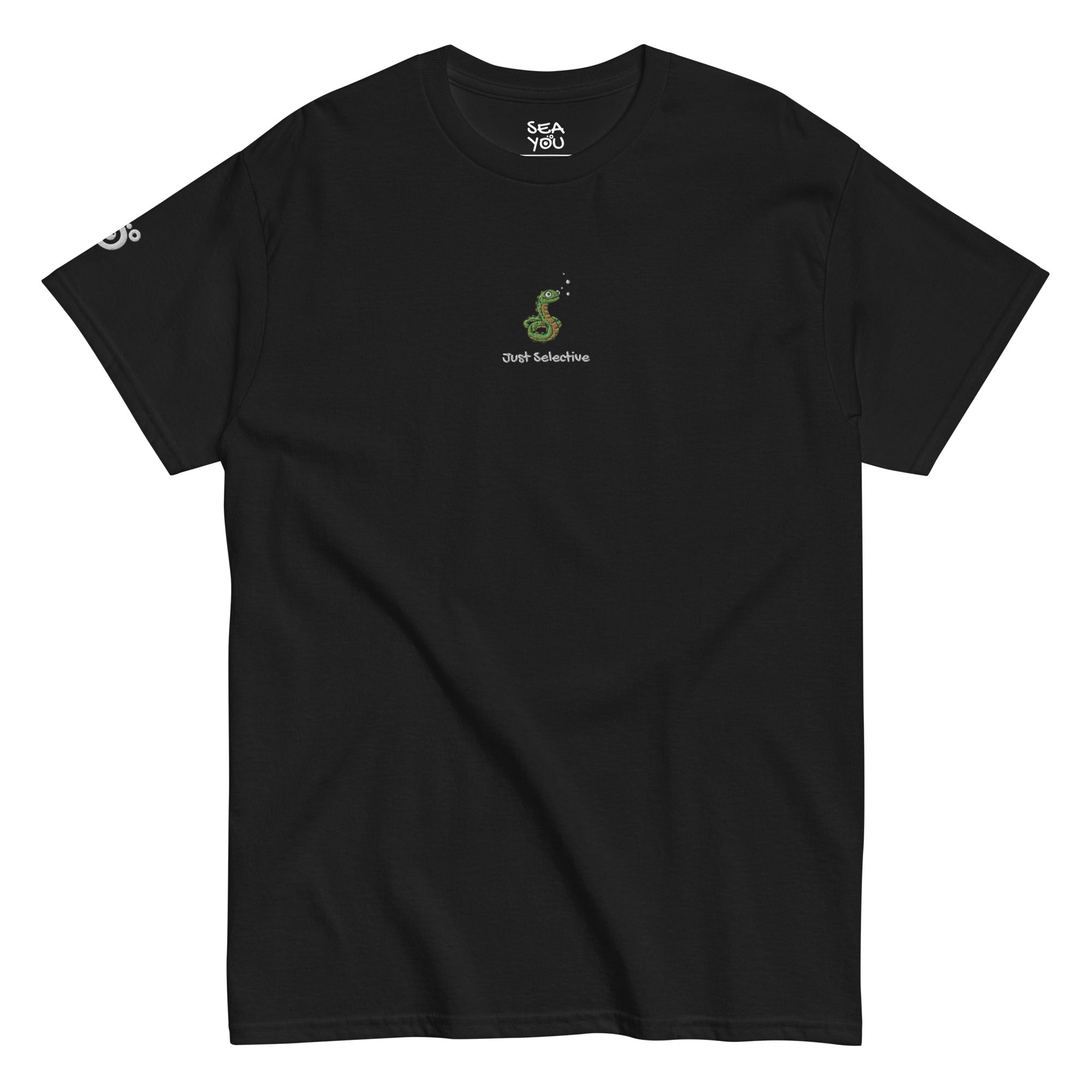 Seayou unisex classic black t-shirt front view, organic cotton, ocean-themed design, moray