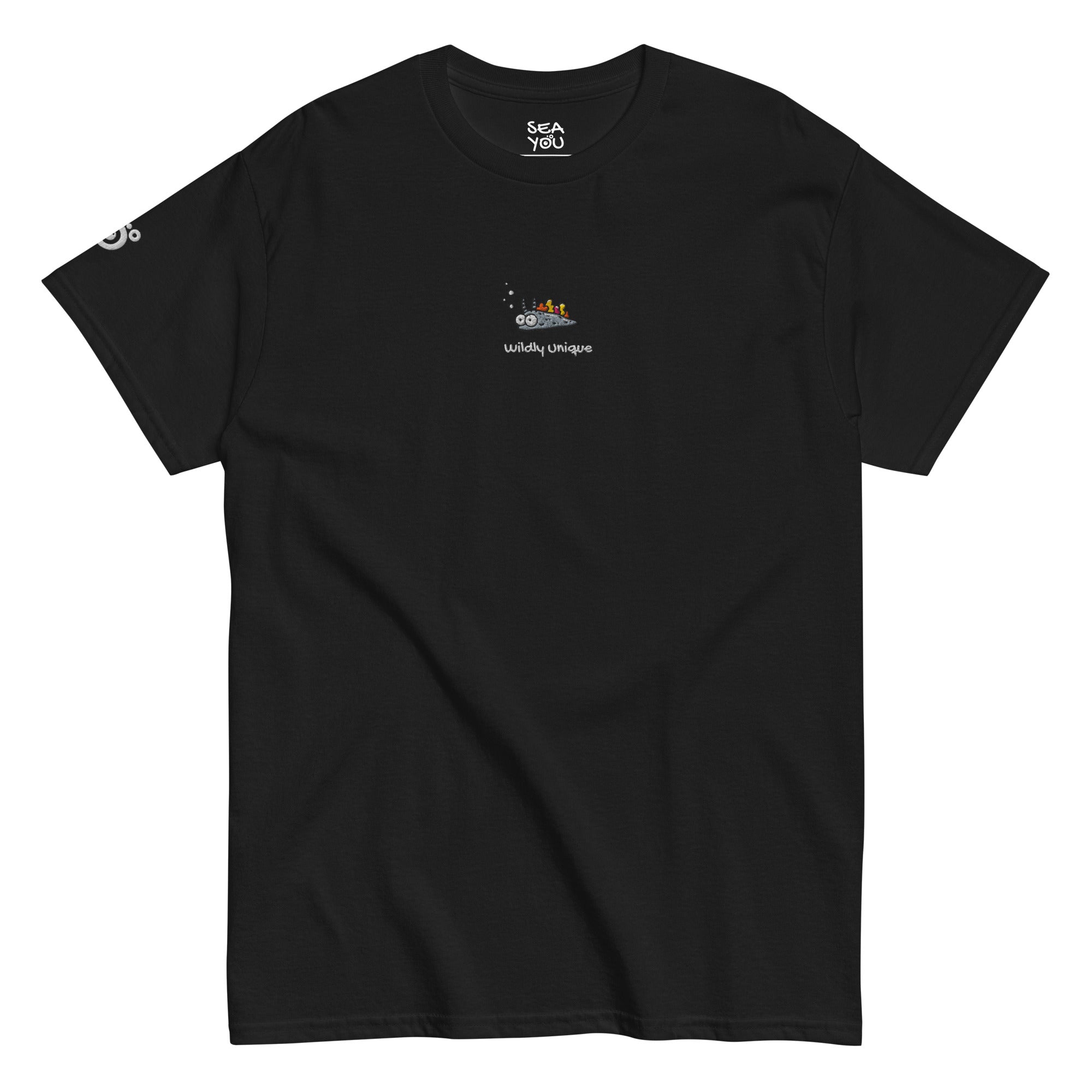 Seayou unisex classic black t-shirt front view, organic cotton, ocean-themed design, nudibranches