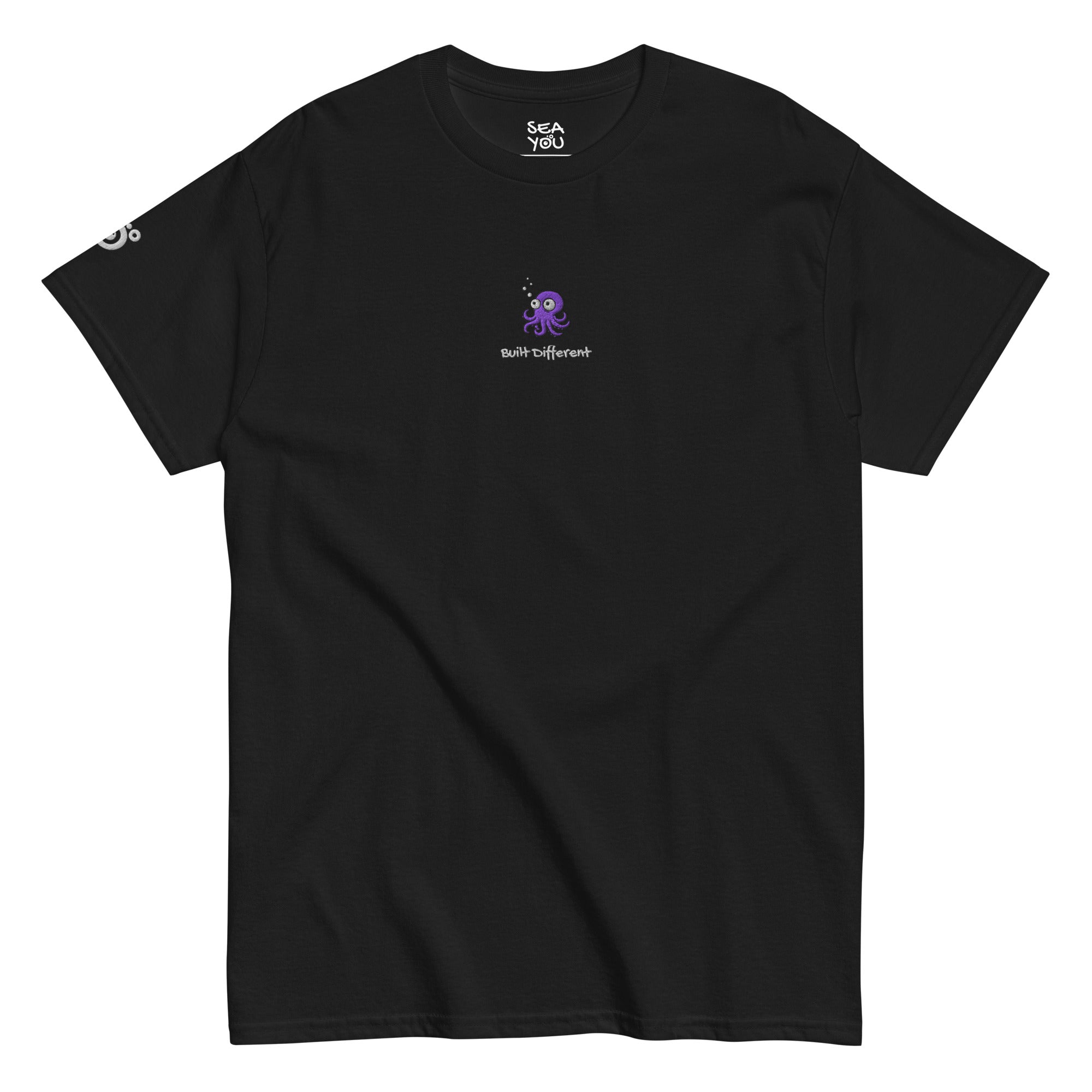 Seayou unisex classic black t-shirt front view, organic cotton, ocean-themed design, octopus