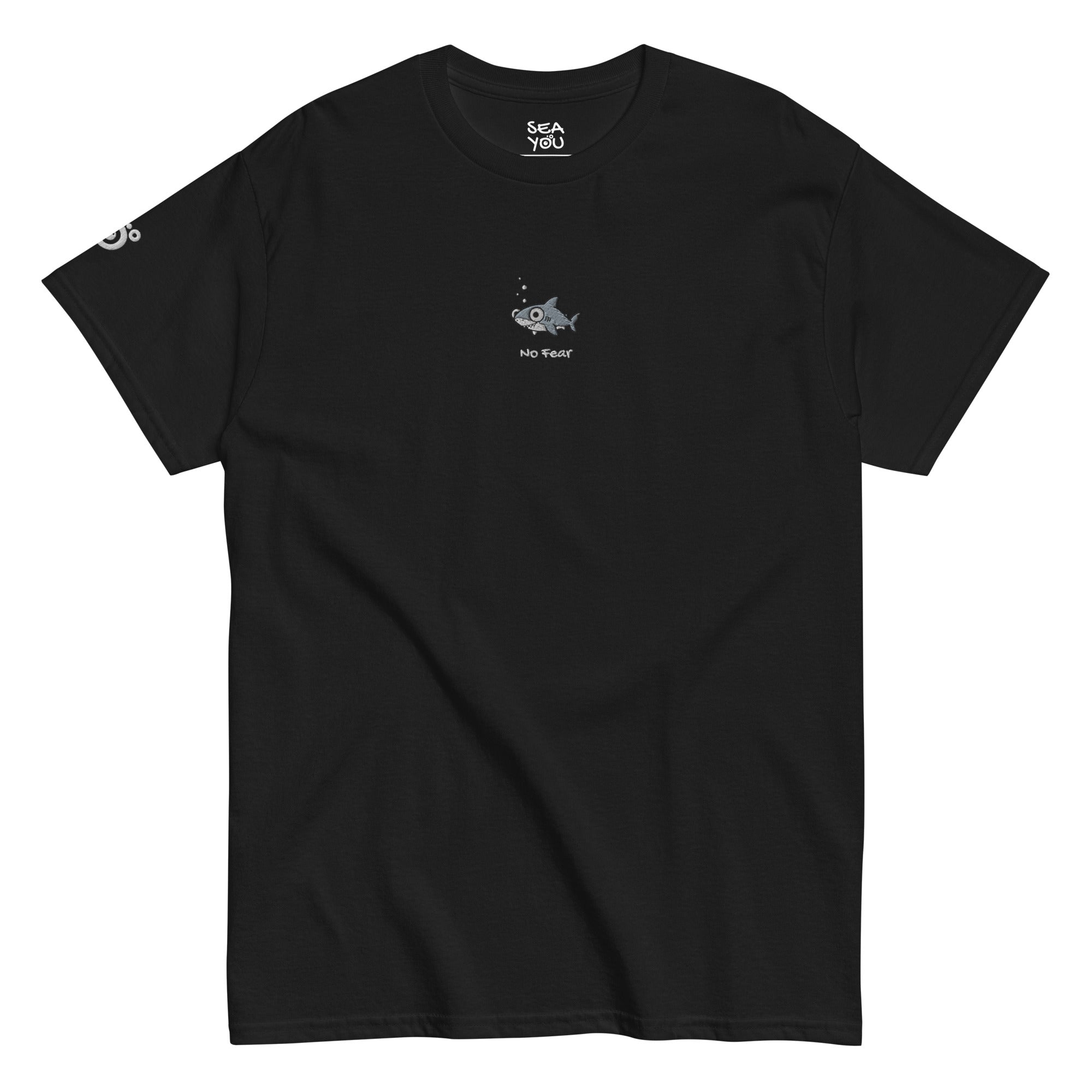 Seayou unisex classic black t-shirt front view, organic cotton, ocean-themed design, shark
