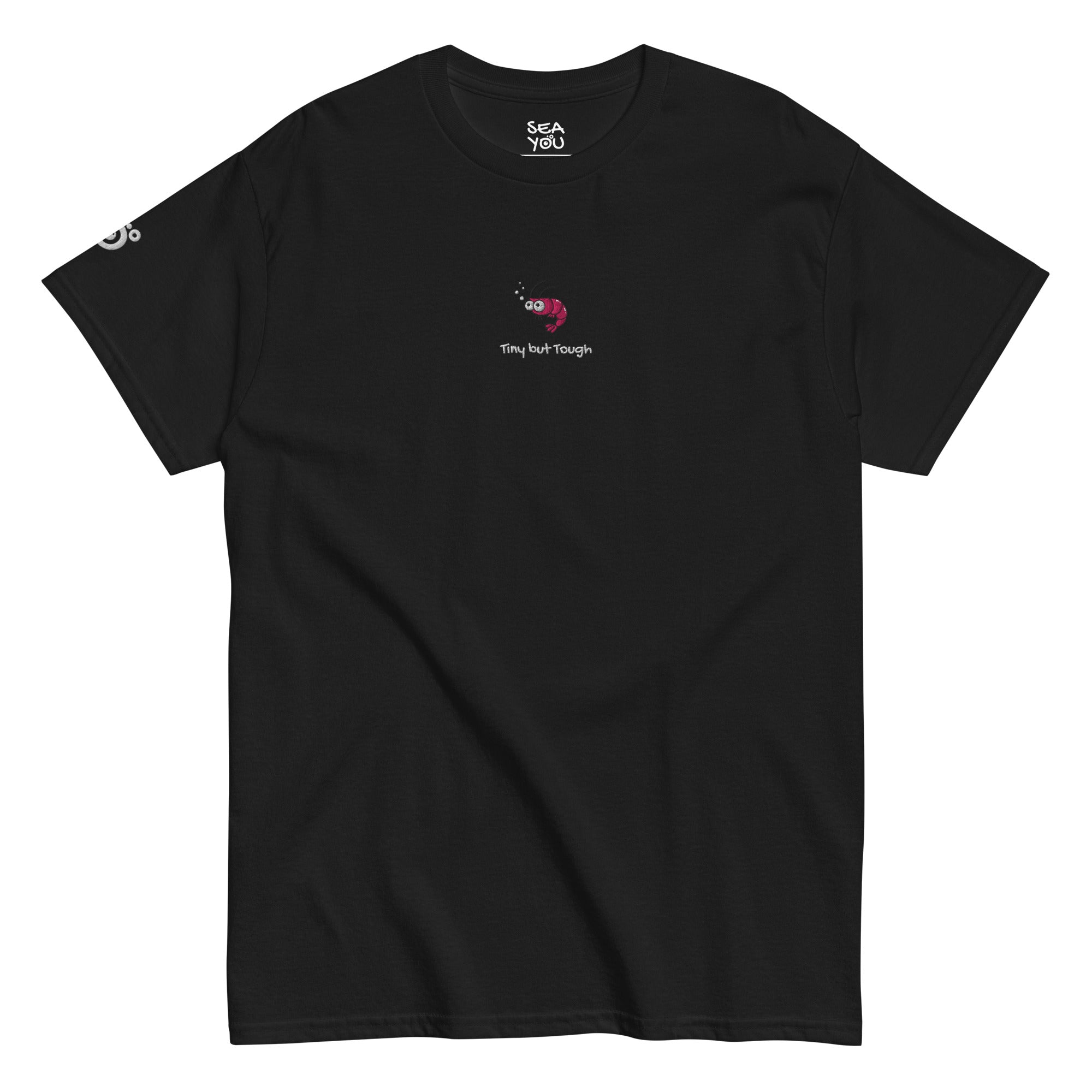 Seayou unisex classic black t-shirt front view, organic cotton, ocean-themed design, shrimp