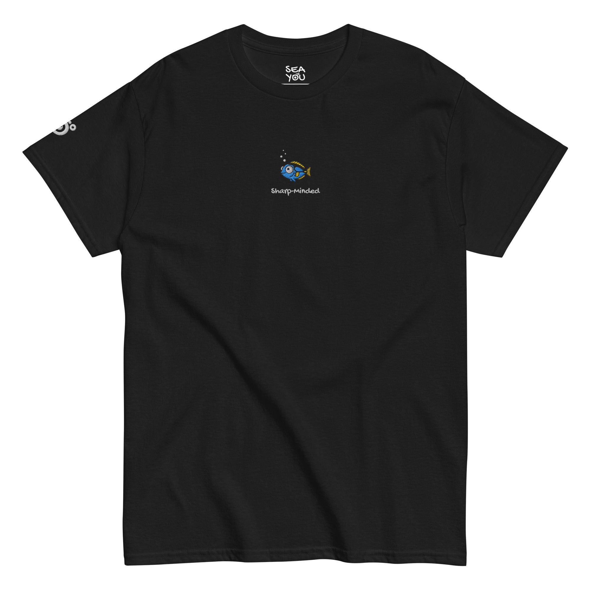 Seayou unisex classic black t-shirt front view, organic cotton, ocean-themed design, surgeonfish