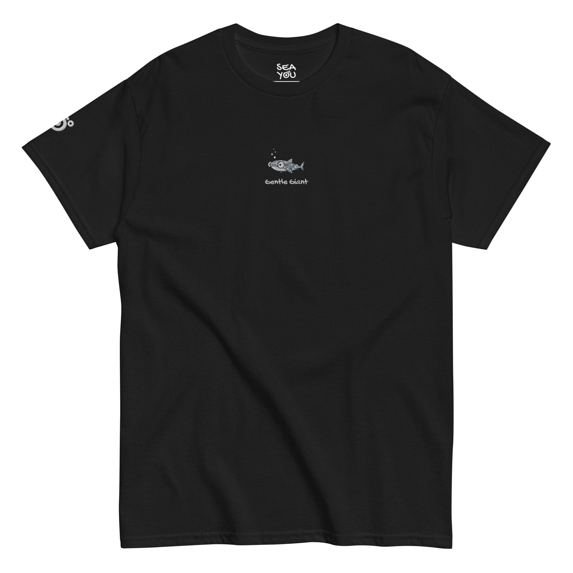 Seayou unisex classic black t-shirt front view, organic cotton, ocean-themed design, whale shark