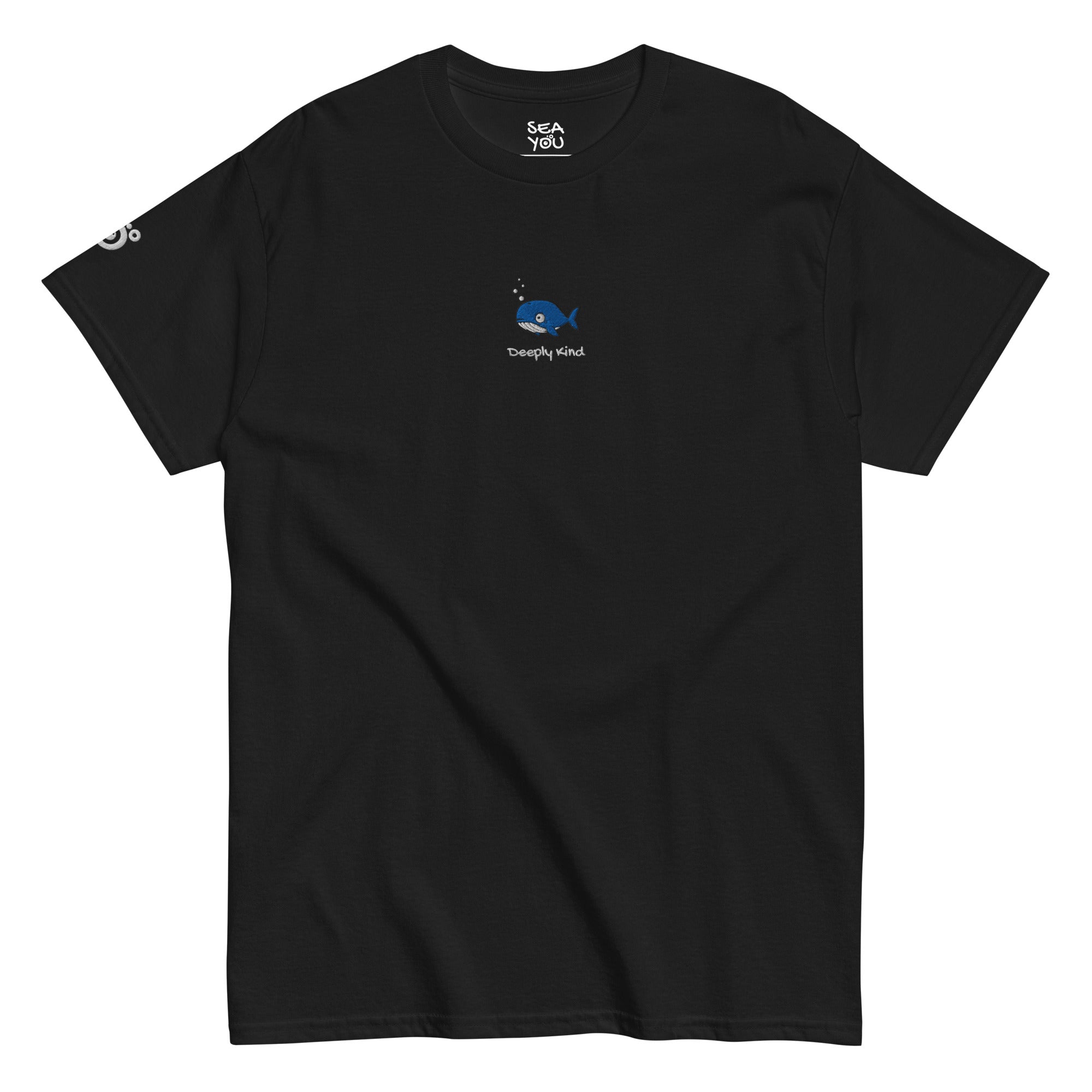Seayou unisex classic black t-shirt front view, organic cotton, ocean-themed design, whale