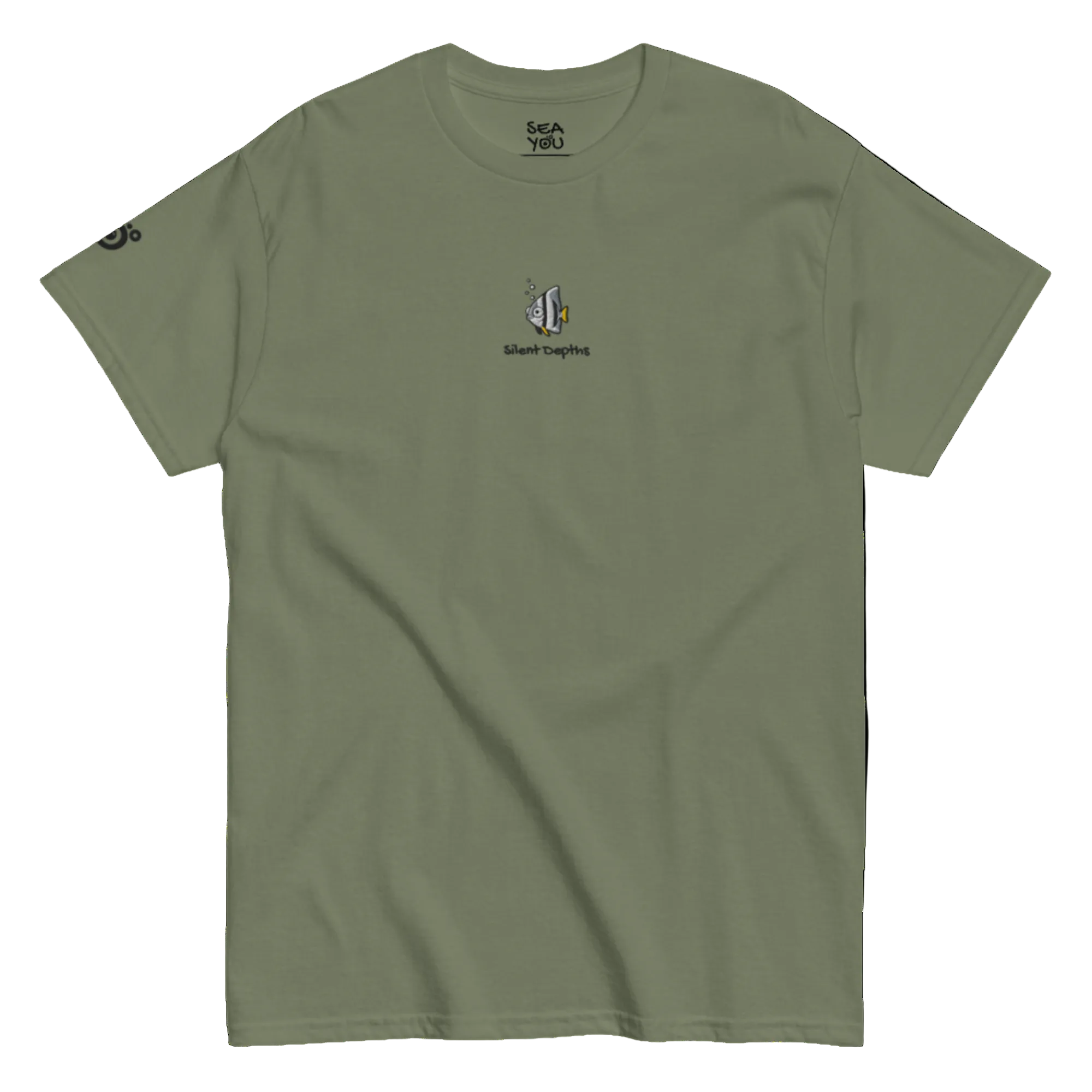 Seayou unisex classic military green t-shirt front view, organic cotton, ocean-themed design, batfish