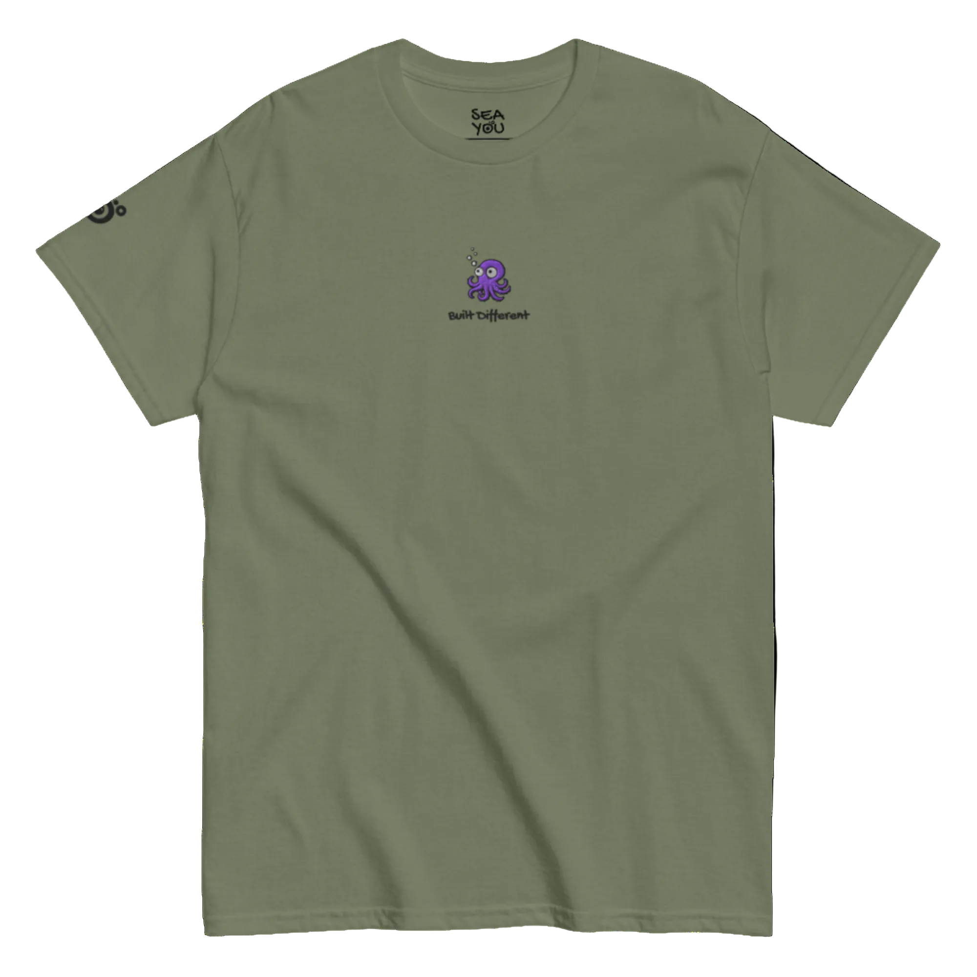 Seayou unisex classic military green t-shirt front view, organic cotton, ocean-themed design, octopus
