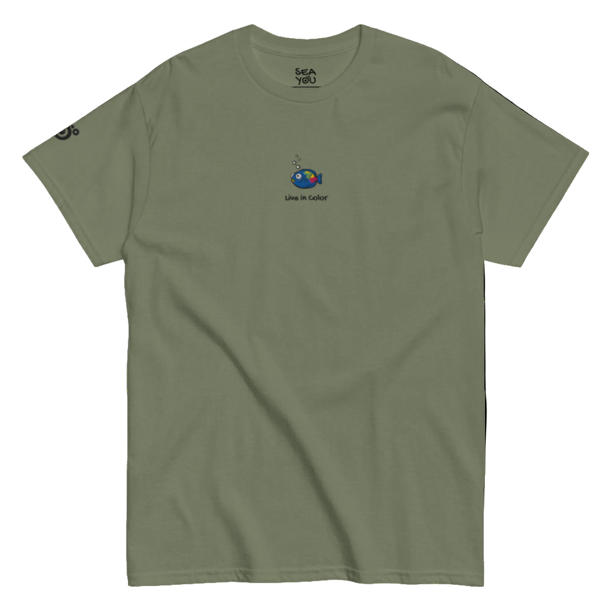Seayou unisex classic military green t-shirt front view, organic cotton, ocean-themed design, parrotfish