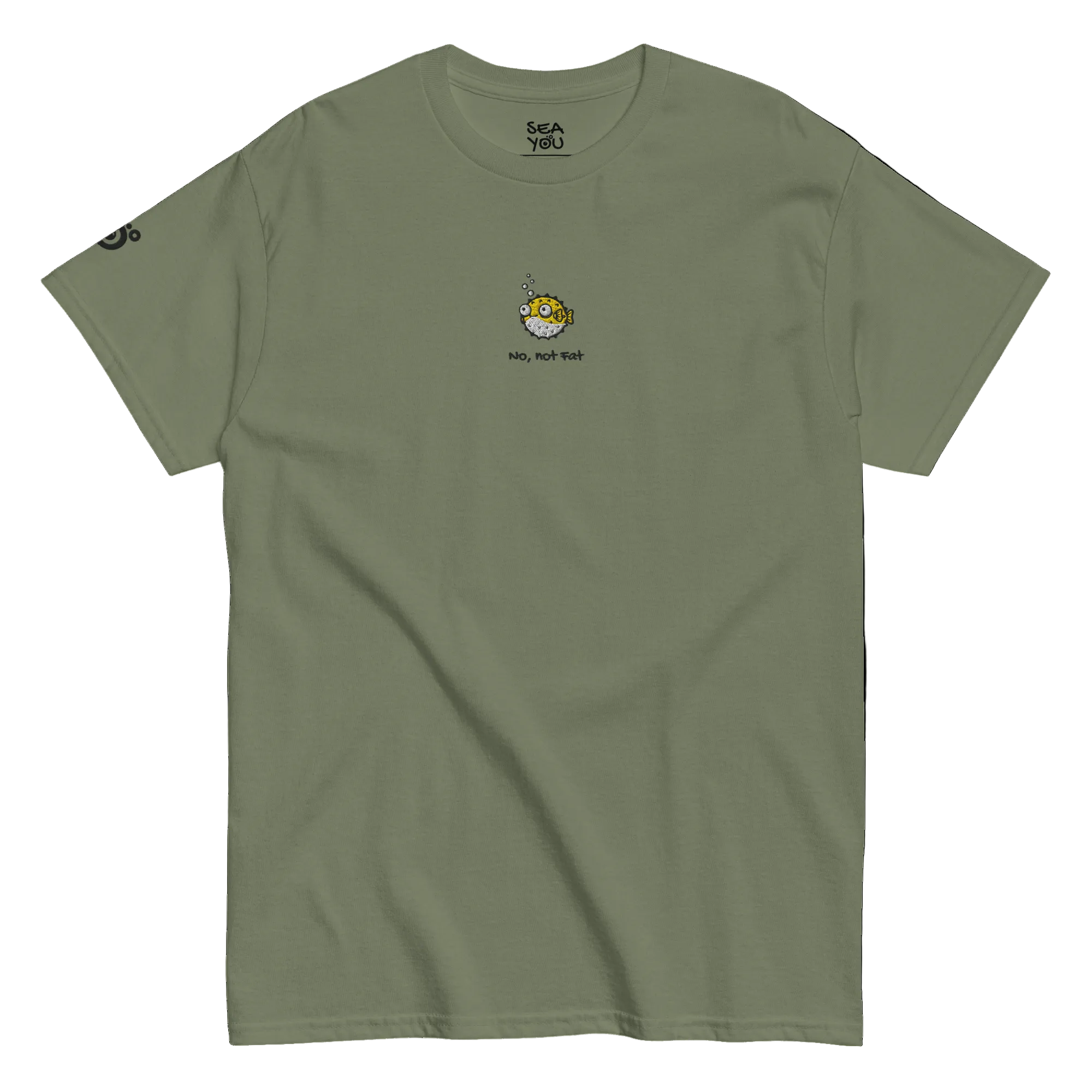 Seayou unisex classic military green t-shirt front view, organic cotton, ocean-themed design, pufferfish