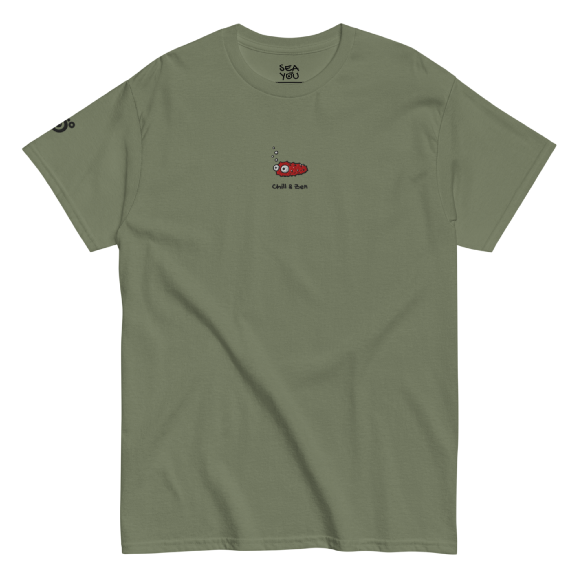 Seayou unisex classic military green t-shirt front view, organic cotton, ocean-themed design, sea cucumber