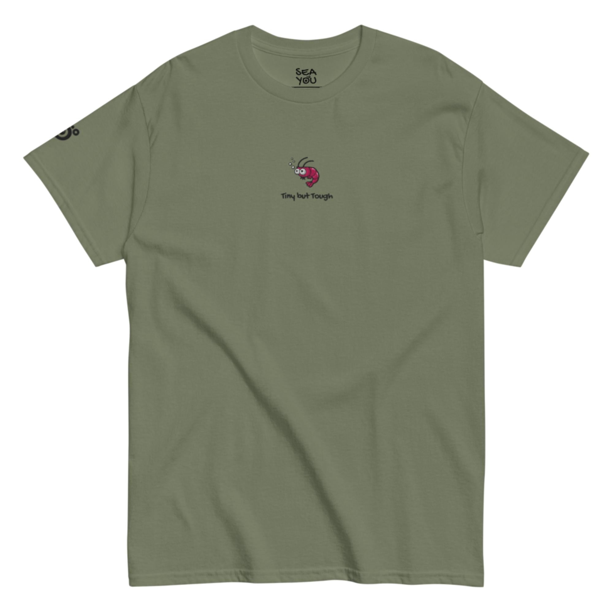 Seayou unisex classic military green t-shirt front view, organic cotton, ocean-themed design, shrimp