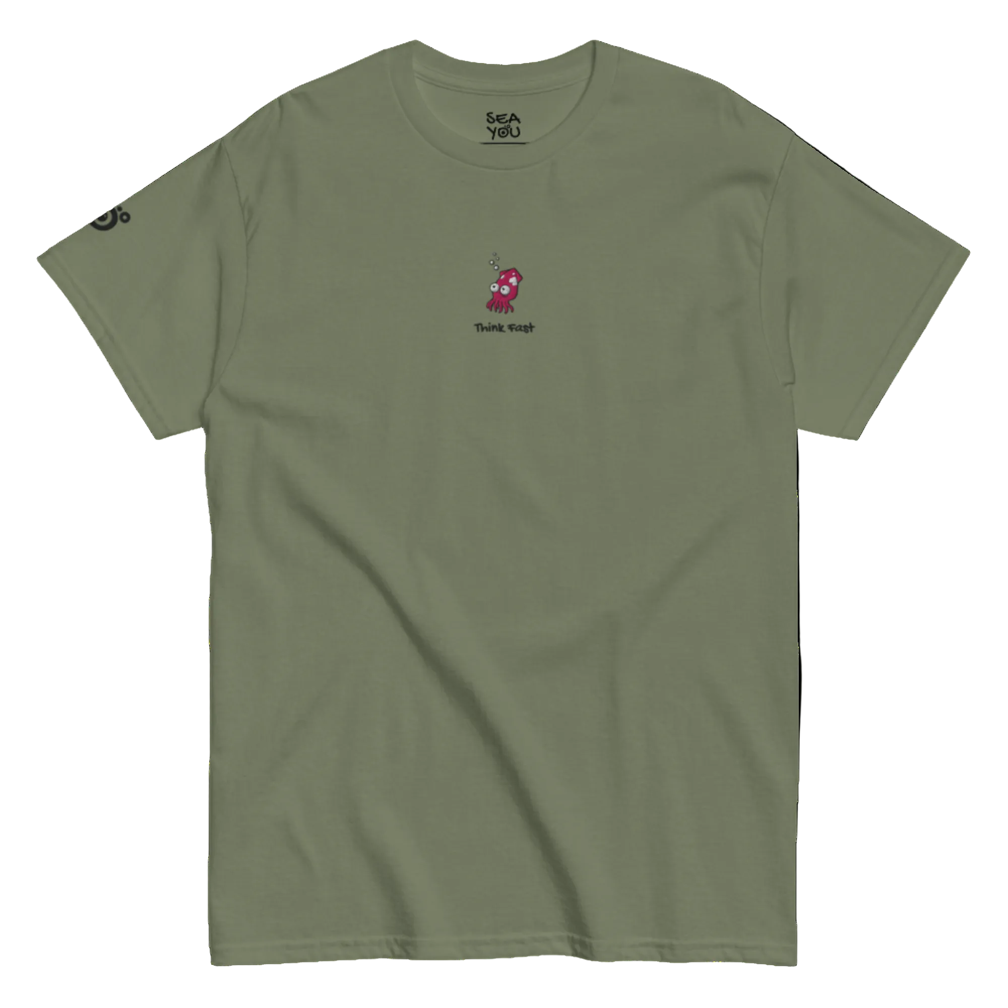 Seayou unisex classic military green t-shirt front view, organic cotton, ocean-themed design, squid