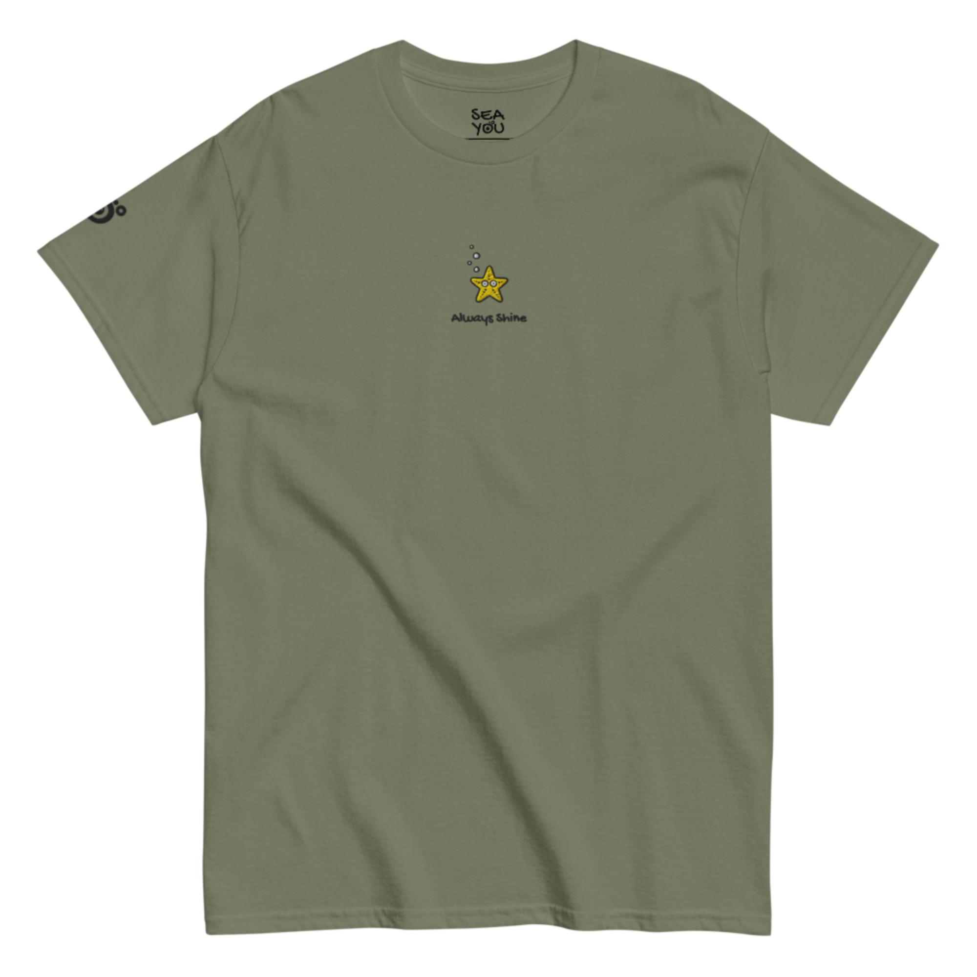  Seayou unisex classic military green t-shirt front front, organic cotton, ocean-themed design, starfish