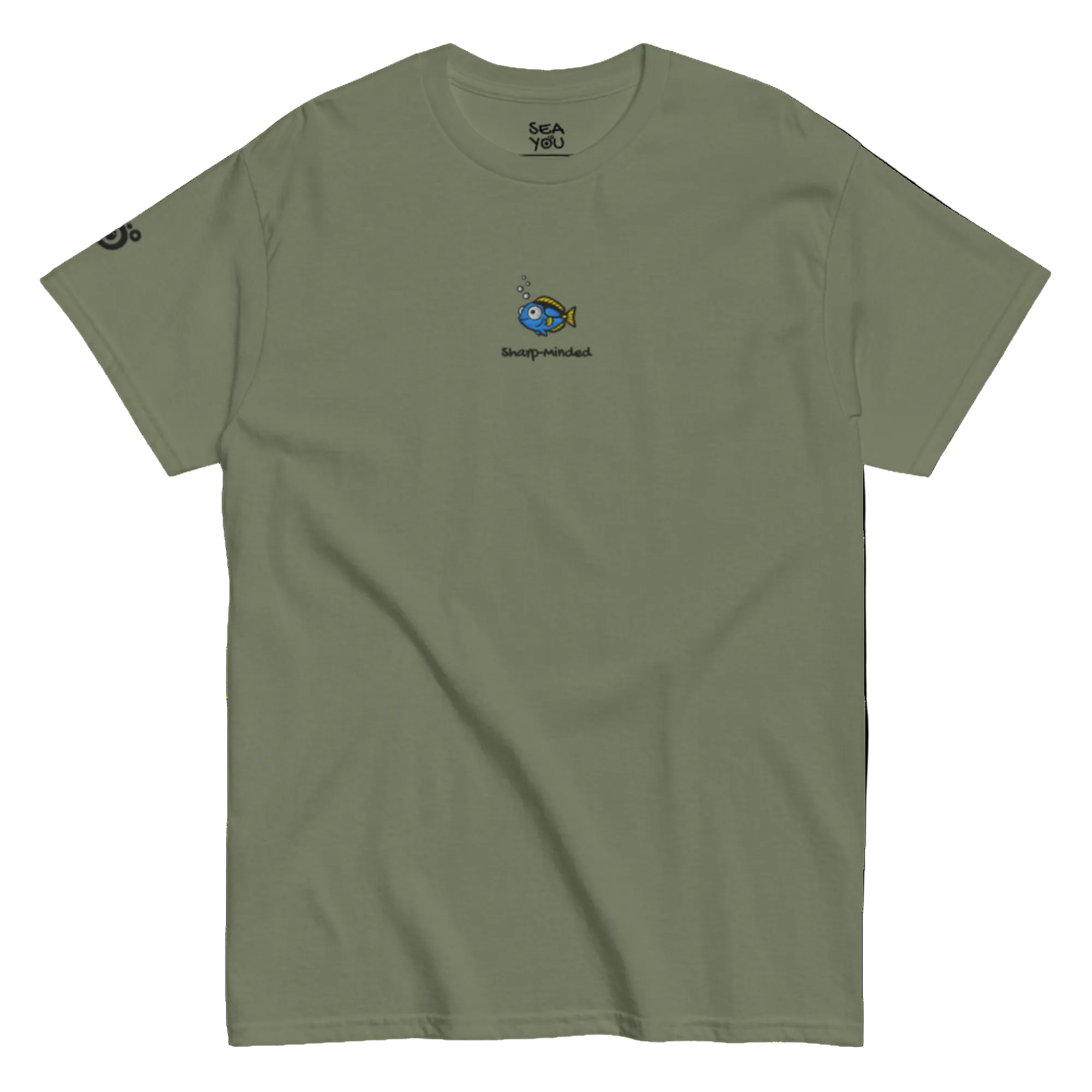 Seayou unisex classic military green t-shirt front view, organic cotton, ocean-themed design, surgeonfish