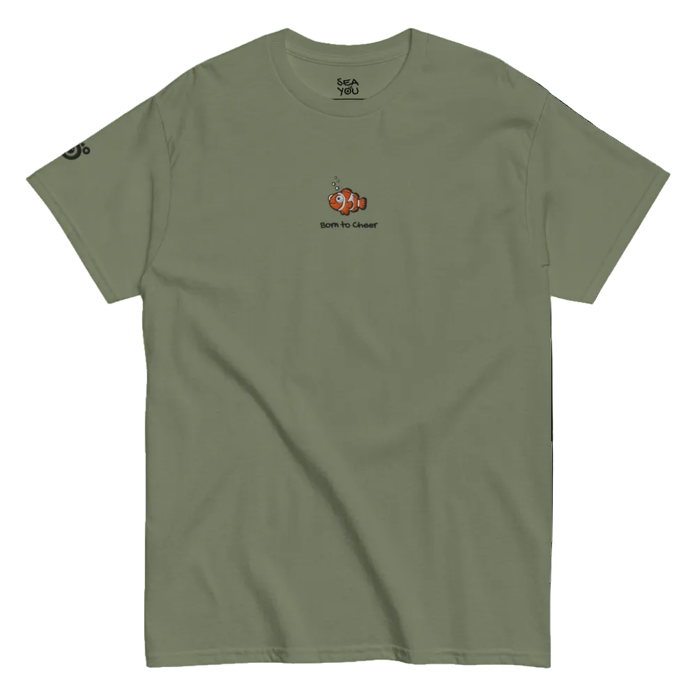 Seayou unisex classic military green t-shirt front view, organic cotton, ocean-themed design