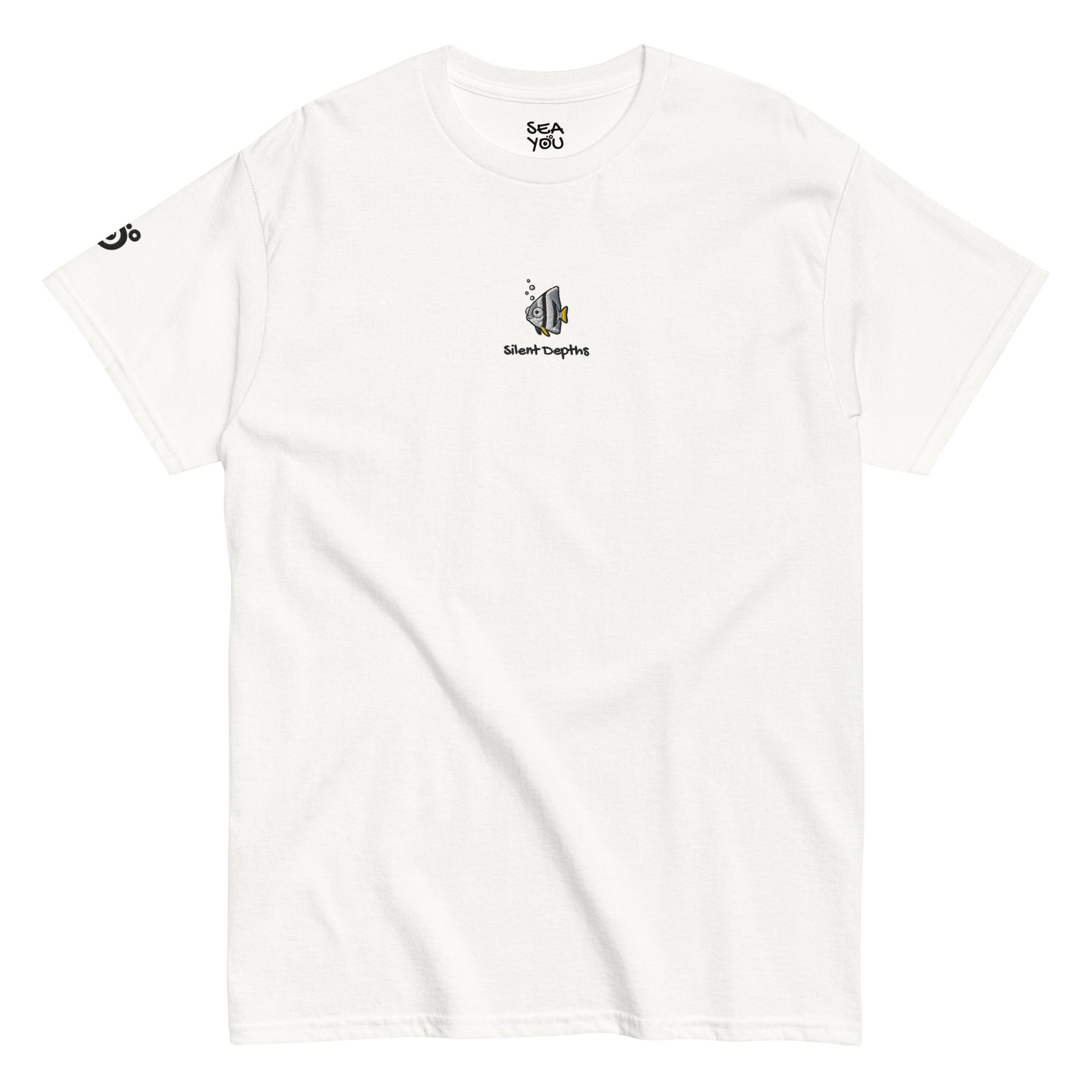 Seayou unisex classic whie t-shirt front view, organic cotton, ocean-themed design, batfish