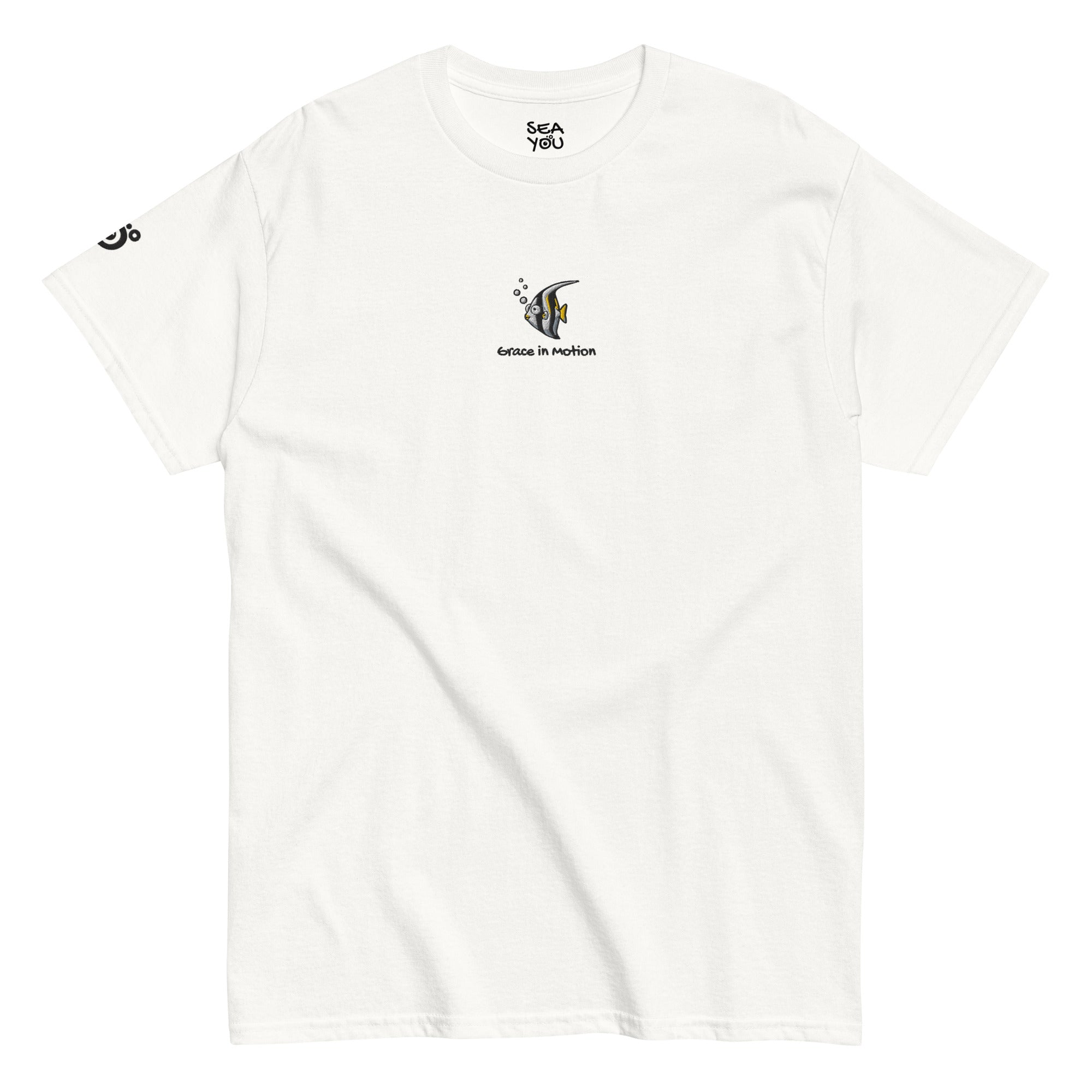 Seayou unisex classic white t-shirt front view, organic cotton, ocean-themed design, butterflyfish