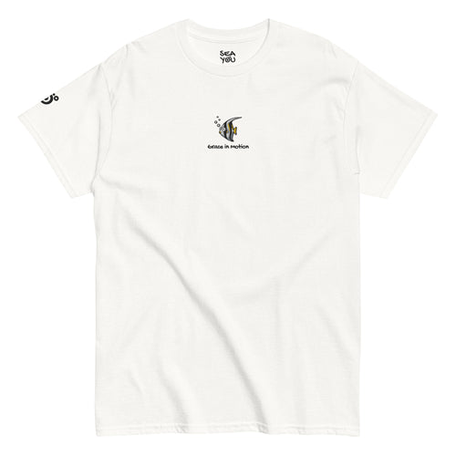 Seayou unisex classic white t-shirt front view, organic cotton, ocean-themed design, butterflyfish