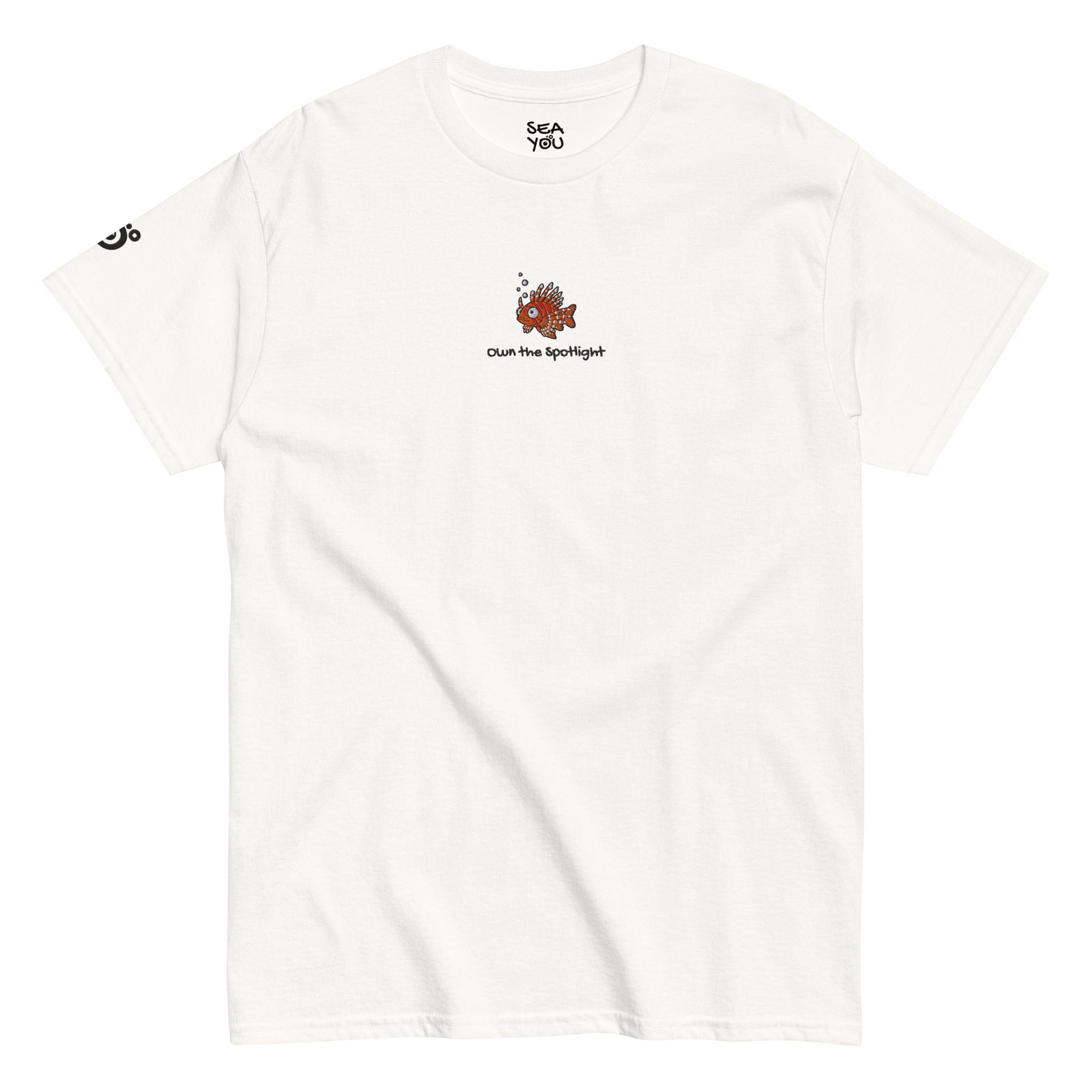 Seayou unisex classic white t-shirt front view, organic cotton, ocean-themed design, lionfish