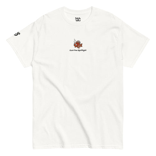 Seayou unisex classic white t-shirt front view, organic cotton, ocean-themed design, lionfish
