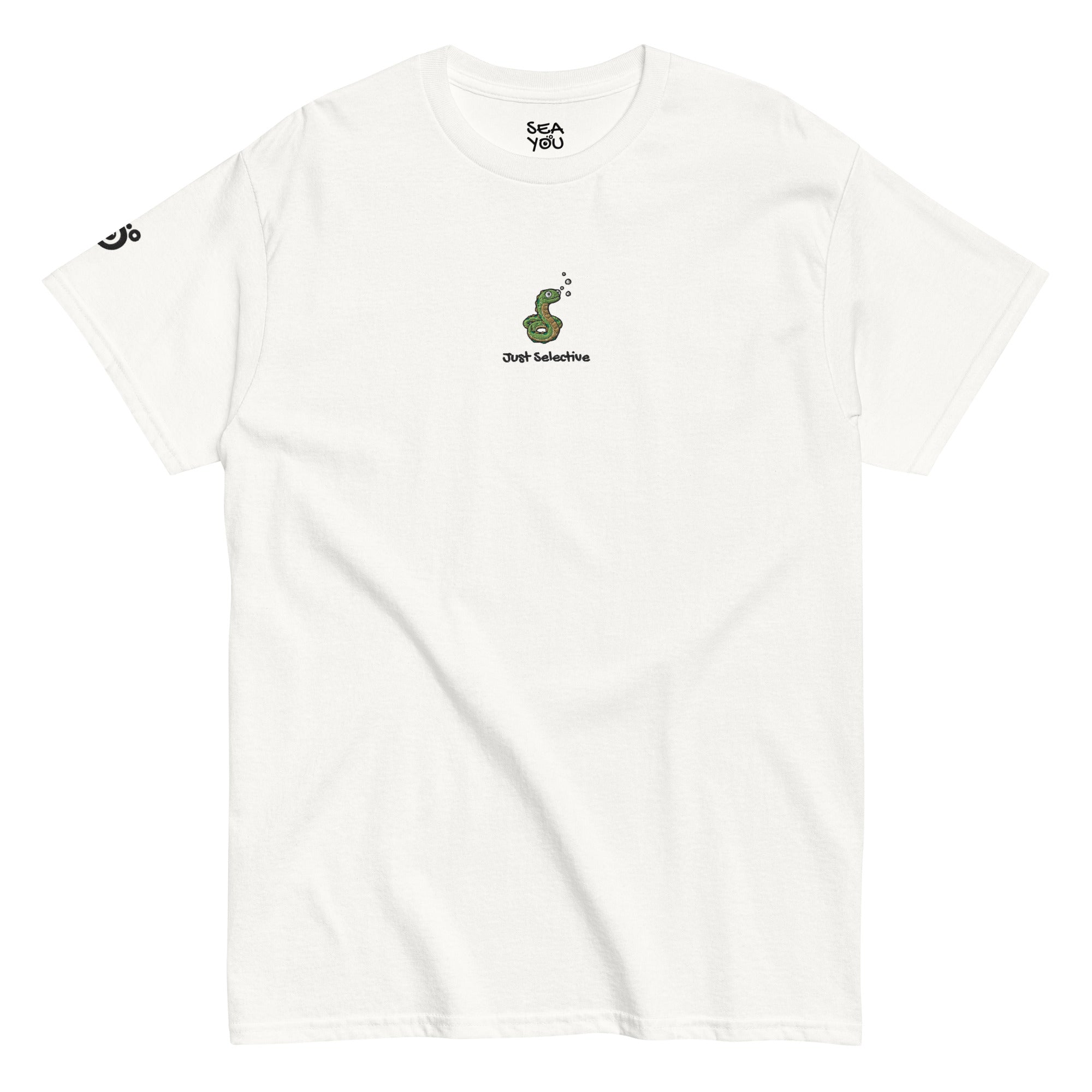 Seayou unisex classic white t-shirt front view, organic cotton, ocean-themed design, moray