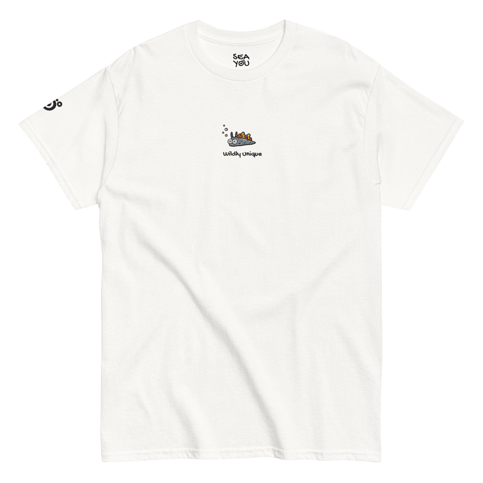 Seayou unisex classic white t-shirt front view, organic cotton, ocean-themed design, nudibranches
