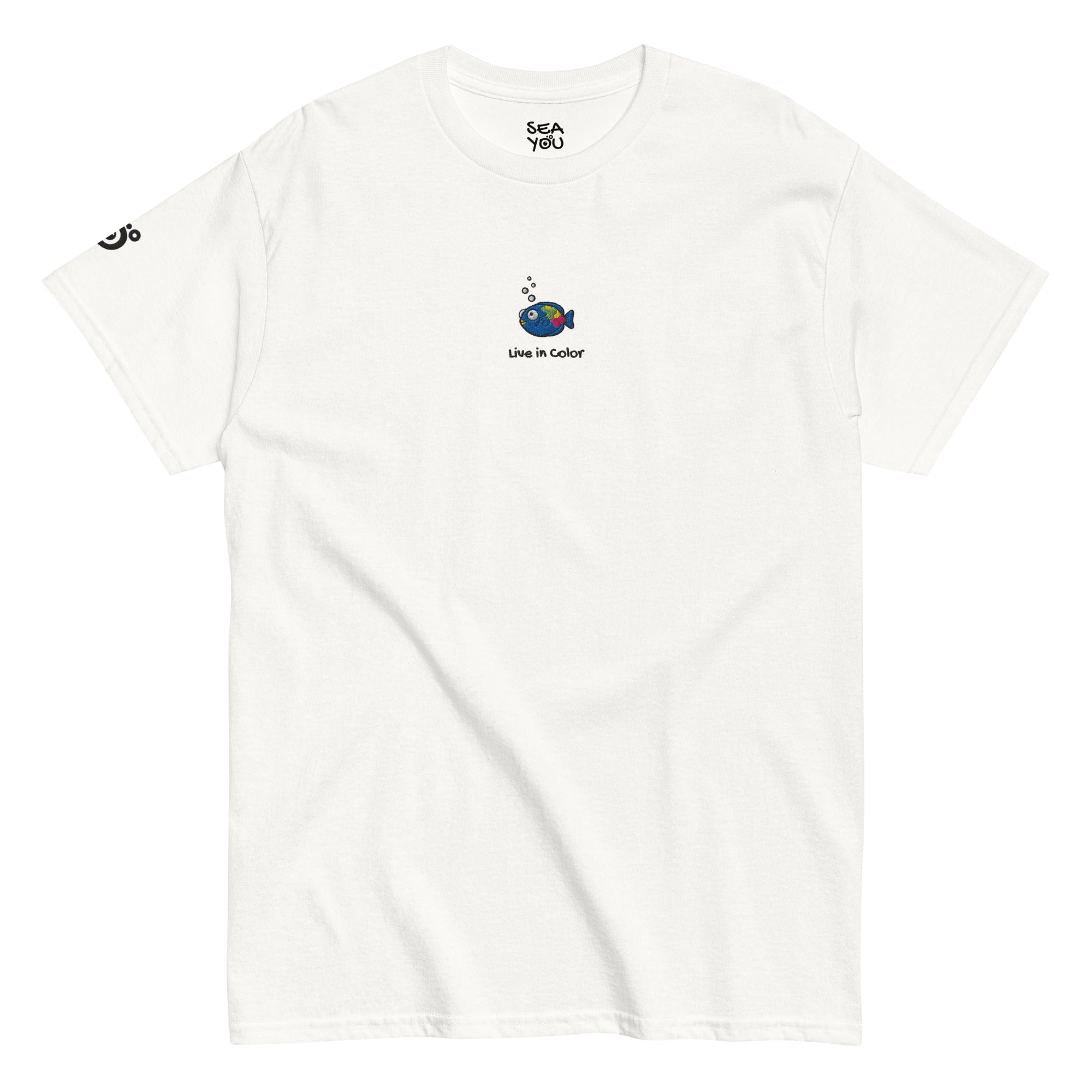 Seayou unisex classic white t-shirt front view, organic cotton, ocean-themed design, parrotfish