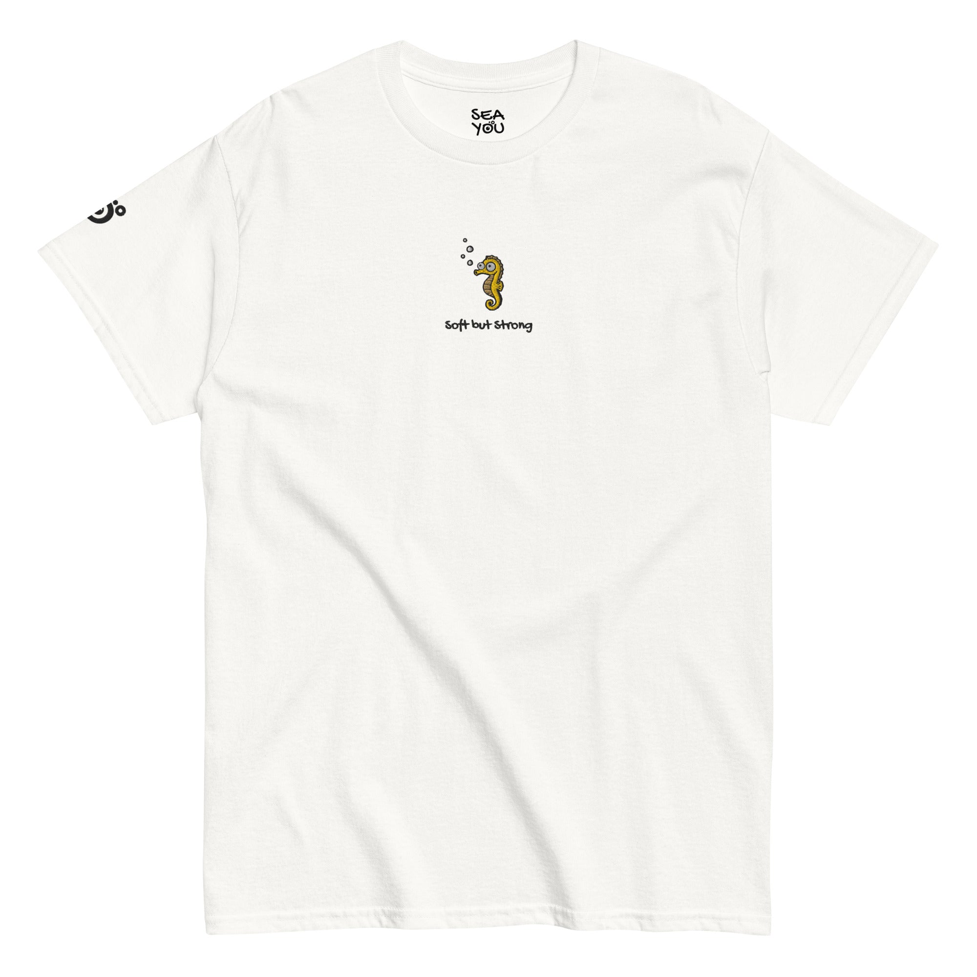 Seayou unisex classic white t-shirt front view, organic cotton, ocean-themed design, seahorse