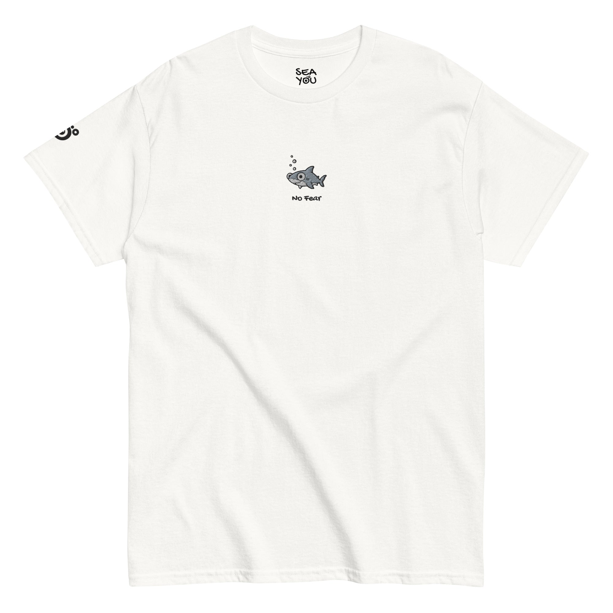 Seayou unisex classic white t-shirt front view, organic cotton, ocean-themed design, shark