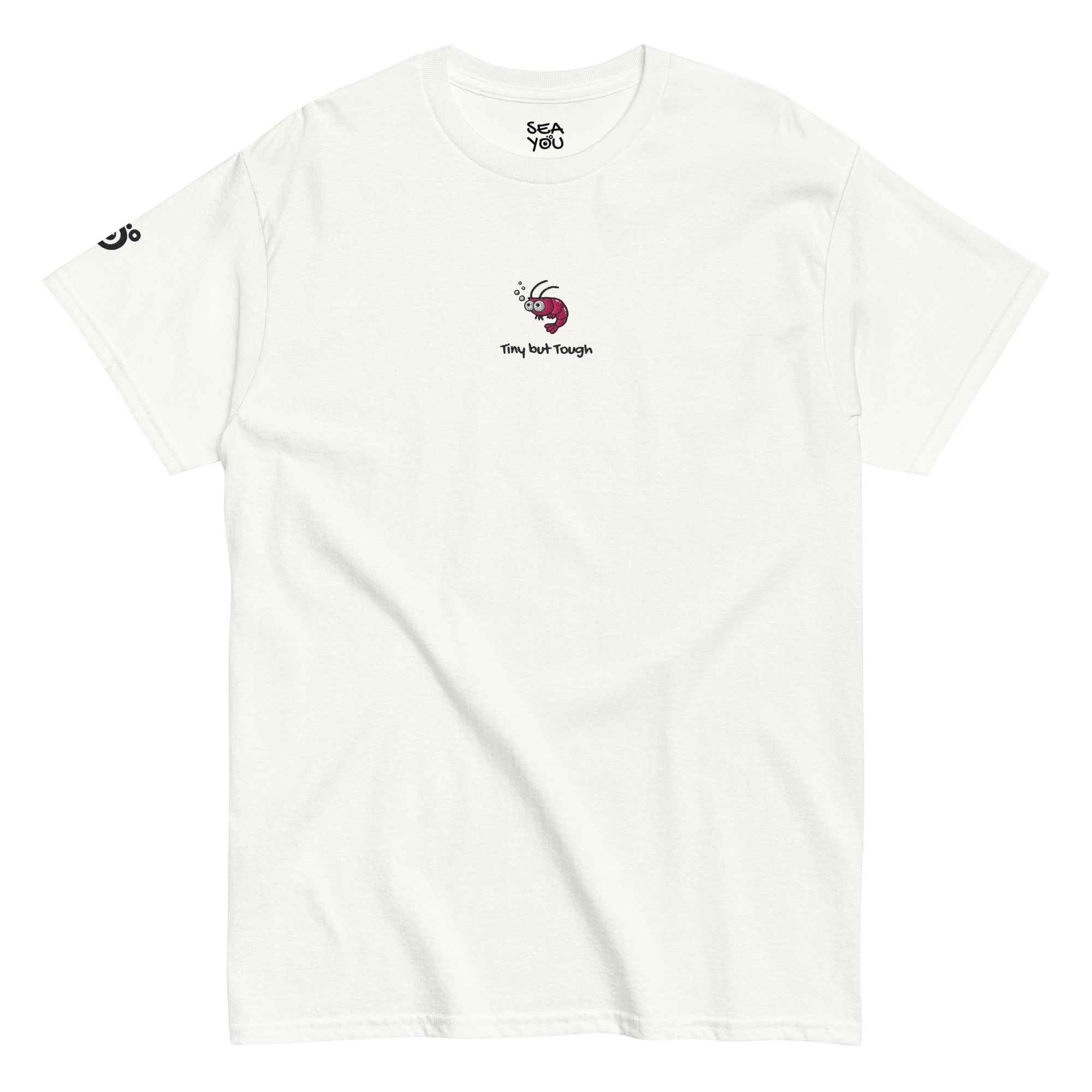 Seayou unisex classic white t-shirt front view, organic cotton, ocean-themed design, shrimp