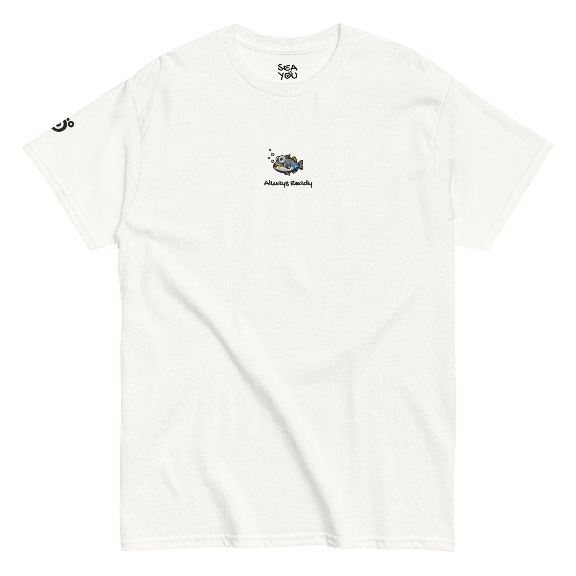 Seayou unisex classic white t-shirt front view, organic cotton, ocean-themed design, triggerfish