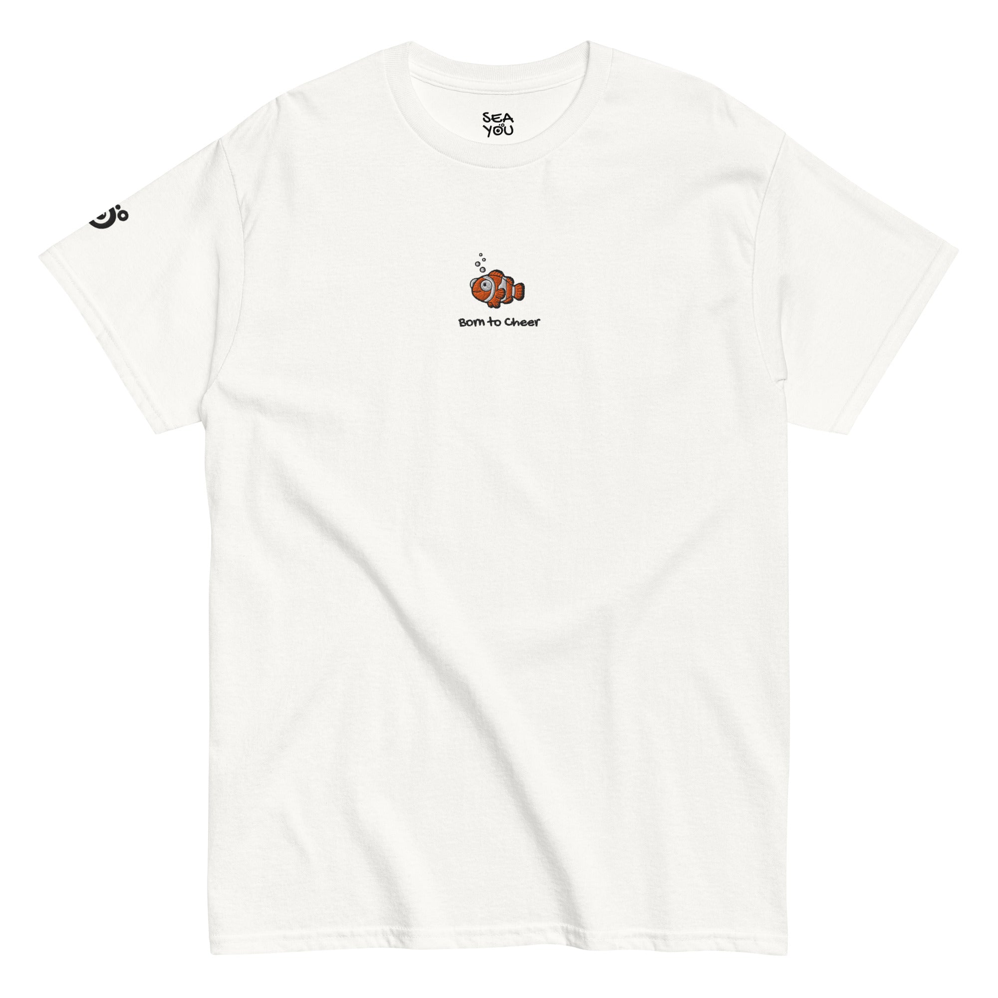 Seayou unisex classic white t-shirt front view, organic cotton, ocean-themed design